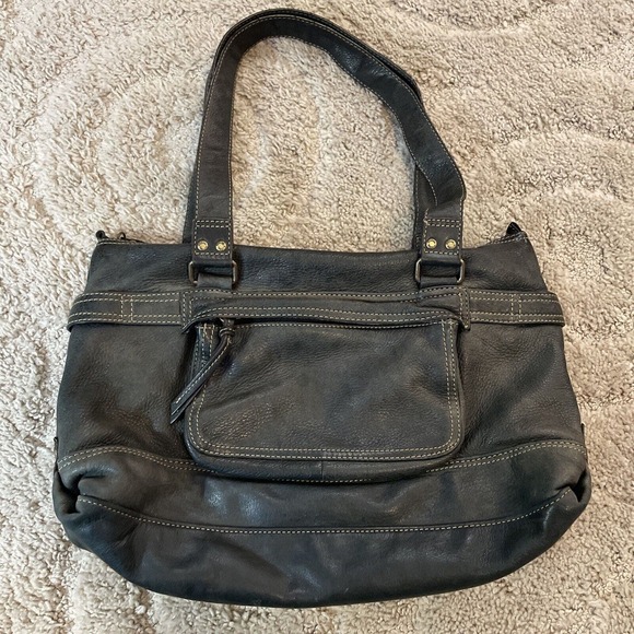 Fossil Soft Pebbled Leather Handbag Black Gray Paisley Purse EUC - Picture 1 of 8